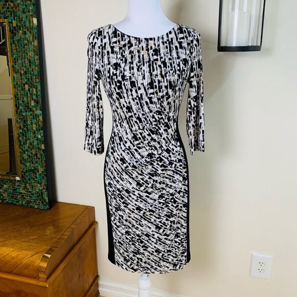 Lauren Ralph Lauren Size 2 Colorblock Printed Sheath Dress Black Beige Stretch - Picture 2 of 10